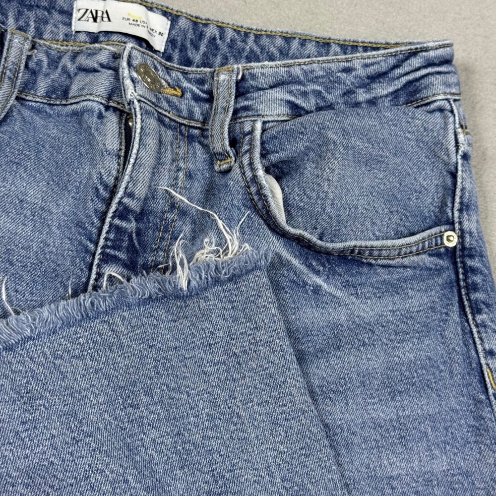 Zara Womens High Waisted Straight Leg Frayed Hem Blue Denim Jeans Size 8